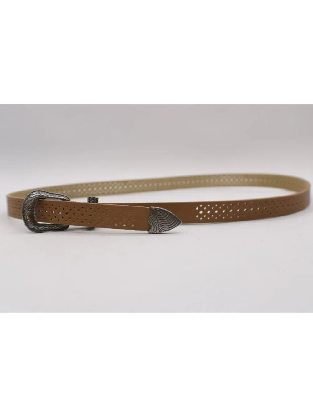 Madden Girl Size Small Tan Laser Belt Engraved Silver-Tone Buckle Western Dress
